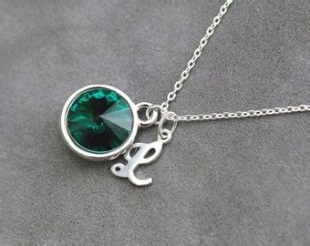 May Birthstone Necklace Personalized Initial Jewelry Emerald | Etsy