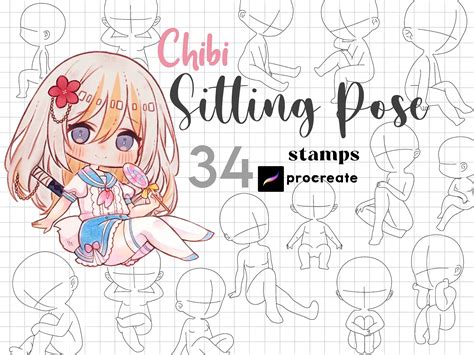 Procreate Chibi Pose Stamp Brushes 34 Procreate Chibi Sitting Poses Cartoon Manga Character ...