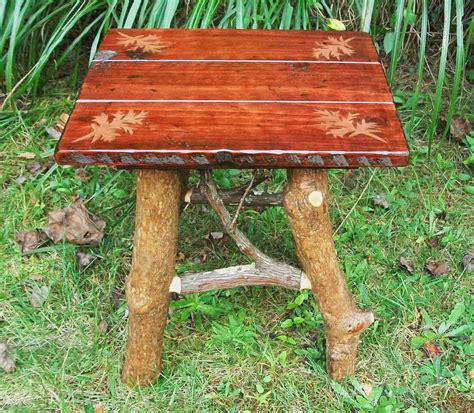 Rustic Handmade Pine and Rhodo End Side Table leaf design Log Cabin Furniture by J. Wade Free ...