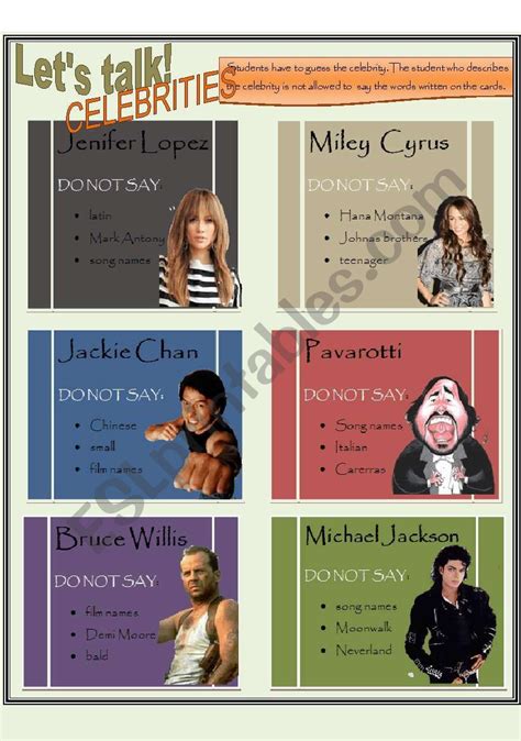 Taboo cards: Celebrities - ESL worksheet by donapeter