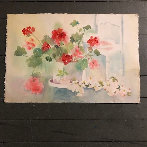 Original Vintage Watercolor Still Life Painting With Geraniums | Chairish