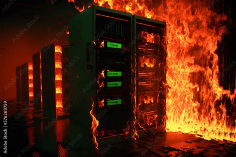 Disaster in server room or data center storage room on fire burning. Neural network AI generated ...