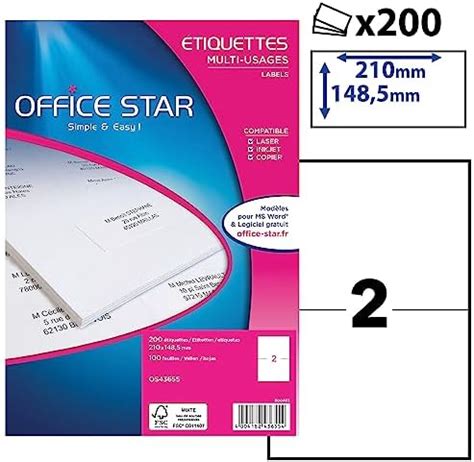 OFFICE STAR - Boite de 800 étiquettes autocollantes blanches multi-usages, format 99,1 x 67,7 mm ...