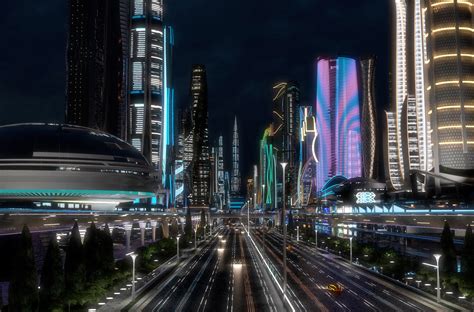 ArtStation - 3D Future City. Night. Main Street