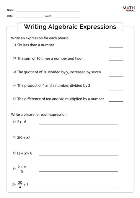 Writing Algebraic Expressions Worksheets - Math Monks