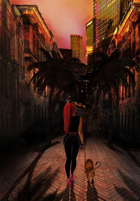 a woman is walking her dog down the street at night with buildings in the background