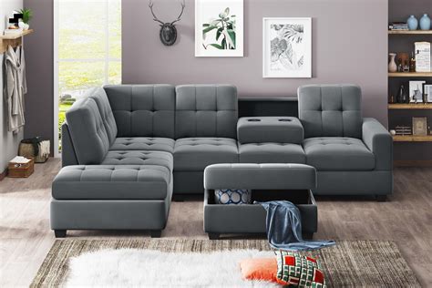 Modern Microfiber Sectional Sofa with Reversible Chaise Lounge Storage Ottoman and Cup Holders ...