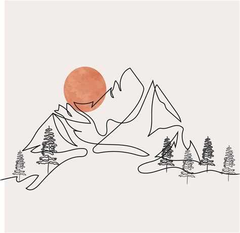 Minimalist Mountain Line Art, Landscape Outline Drawing, Sport ...