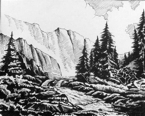 Landscape drawings, Landscape sketch, Ink pen drawings