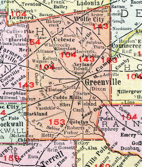 Hunt County, Texas, Map, 1911, Greenville, Wolfe City, Commerce ...