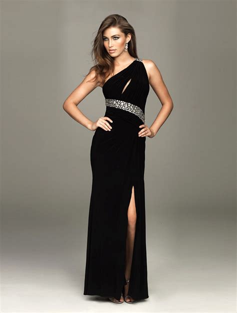 Elegant One Strap Column Beaded Sash Floor Length Black Little Dress ...