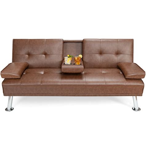 Costway Convertible Folding Futon Sofa Bed Leather w/Cup Holders&Armrests Brown - Walmart.com ...