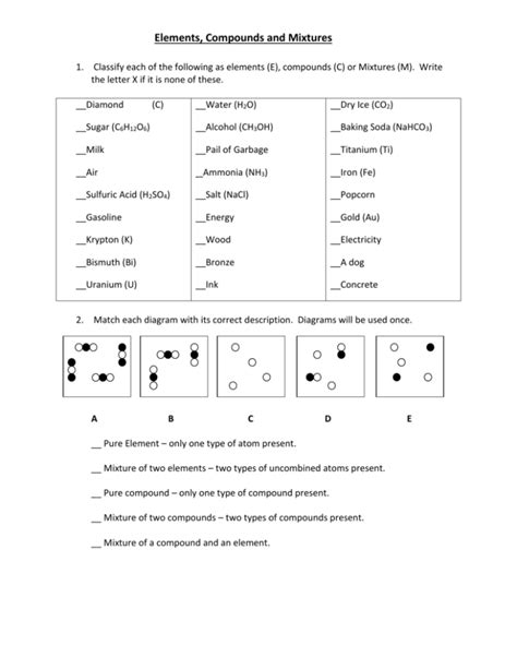 Mixture Compound Element Worksheets