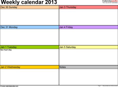 Weekly Calendars 2013 for PDF - 4 free printable templates