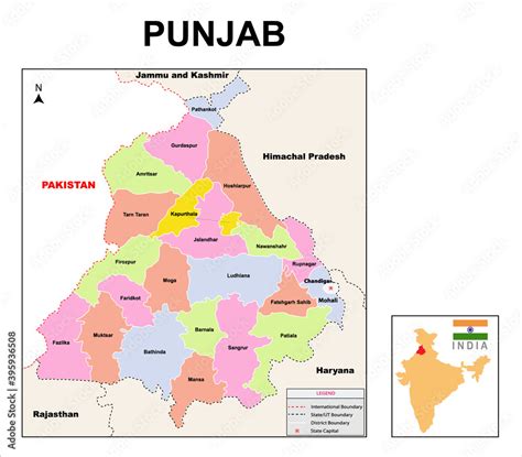 Punjab map. Political and administrative map of Punjab with districts ...