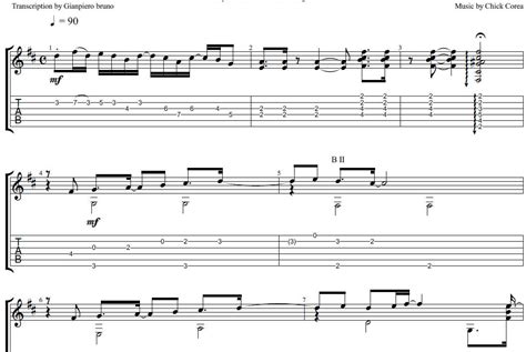 Spain Chic Corea guitar solo chord melody sheet music