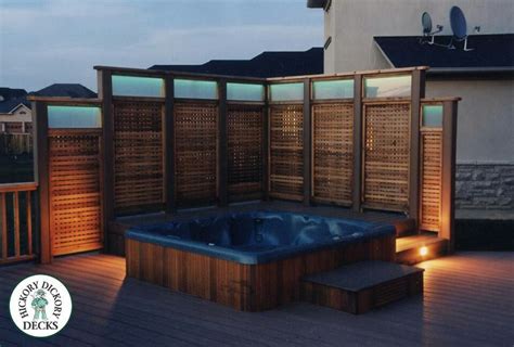 Nearly Solid lattuce hot tub privacy wall with accent lighting | Hot tub landscaping, Hot tub ...