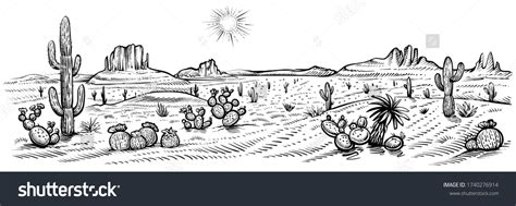 18 Desert Panorama Landscape, Vector Illustration. Hand Drawn Black And White Desert With ...