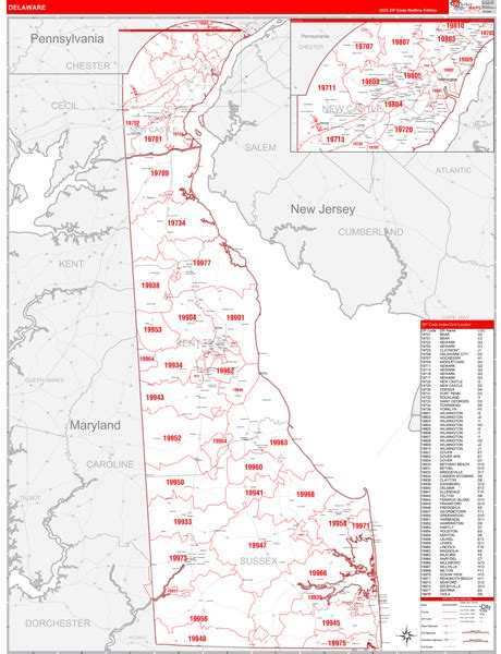 Delaware Zip Code Wall Map Red Line Style by MarketMAPS - MapSales