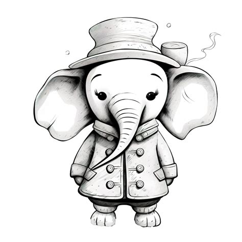 A Black And White Drawing Of A Cartoon Elephant Wearing A Hat And A Coat, Cartoon Svg, Elephant ...