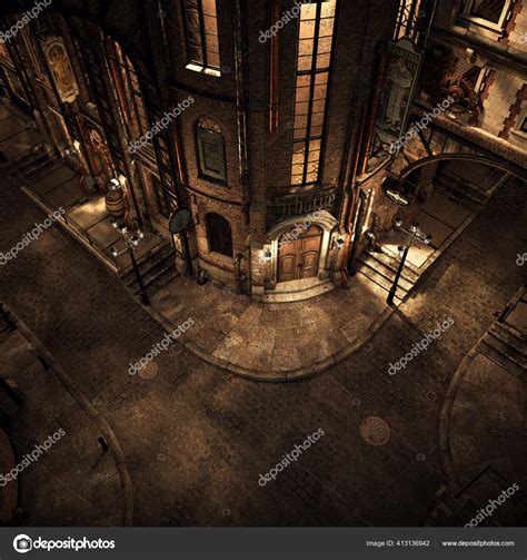 Steampunk Victorian City Street Night Aerial View Stock Photo by ©Ravven 413136942