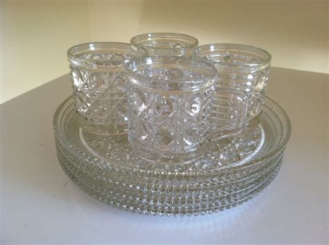 Vintage glass snack plates 4 plates 4 cups vintage glassware