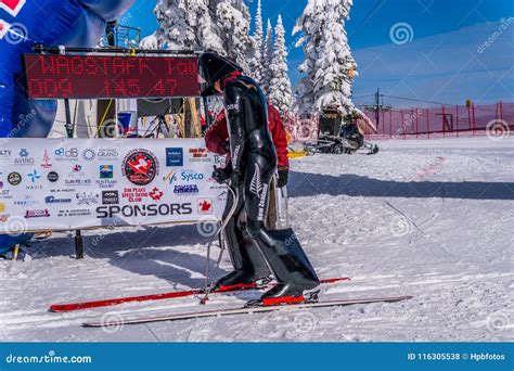 Speed Skier`s Equipment Being Checked If they Fall within the Regulations at Velocity Challenge ...