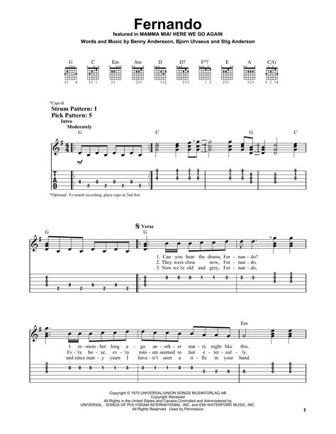 Fernando (from Mamma Mia! Here We Go Again) by ABBA Sheet Music for Easy Guitar Tab at Sheet ...