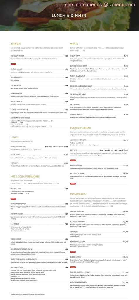 Menu at Red Onion pizzeria, Rangeley