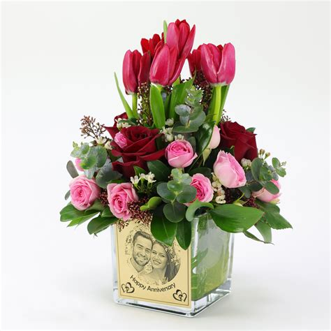 Online Anniversary Wishes Personalised Vase Flowers Gift Delivery in UAE - FNP