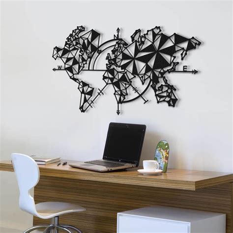 Metal World Map - 9015 Geometric Large Metal World Map with Compass Black Wall Art Design ...