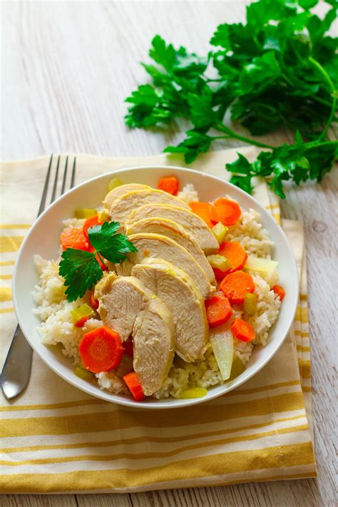 Poached Chicken with Steamed Rice & Veggies - Zen & Spice