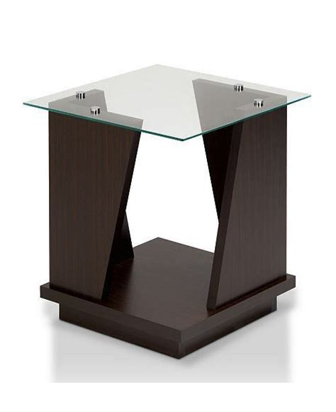 an end table with a glass top and wooden base