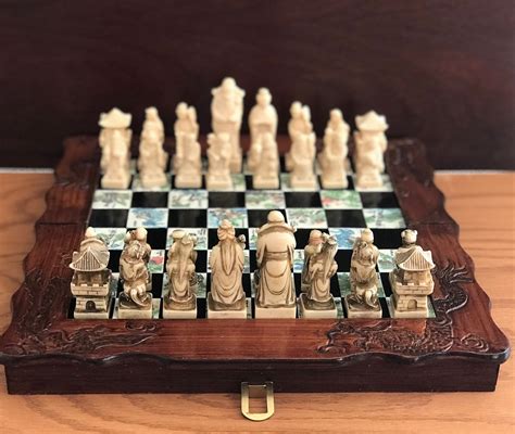 Asian Chess Set, Vintage Chess set, Carved wood chest, Asian Collectors Chess set, folding chess ...