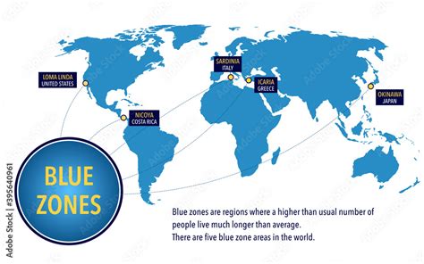 Map of the blue zones of longevity where people live longer than the rest of the world Stock ...