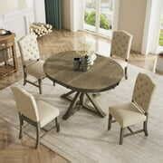 5-Piece Farmhouse Extendable Round Dining Table and Upholstered Chair ...