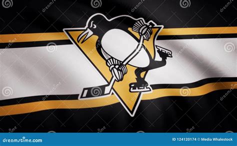 Close-up of Waving Flag with Pittsburgh Penguins NHL Hockey Team Logo ...