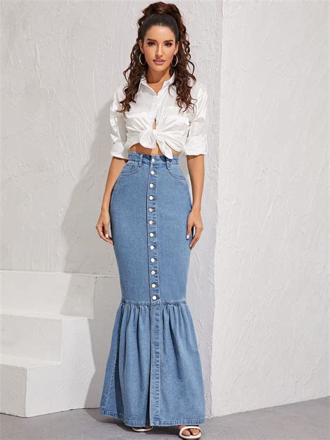 Button-Up Denim Mermaid Maxi Skirt | SHEIN UK | Skirt fashion, Skirt ...