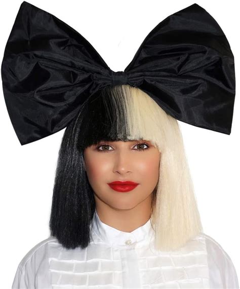 OFFICIALLY LICENSED Sia Costume Wig 2 Tone Half Blonde Black Bob Wig with black Bow Premium ...