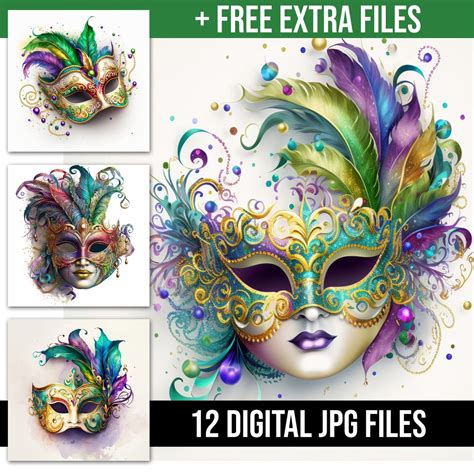 Watercolor Mardi Gras Mask Illustration Bundle Collection High Quality Mardi Gras Mask Digital ...