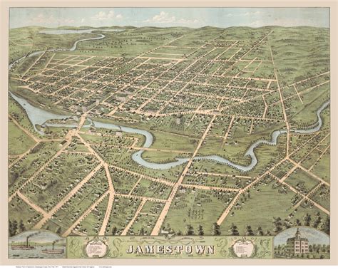 Jamestown, New York 1871 Bird's Eye View - Old Map Reprint - OLD MAPS