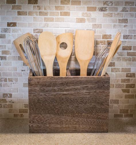 Double Torched Wood Kitchen Cooking Utensil Holder | 2 Compartment Large Caddy | Organizer Box ...