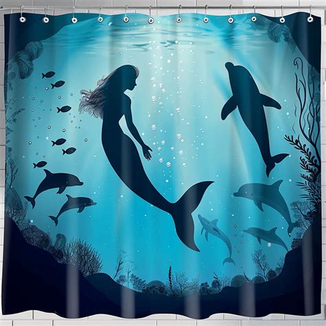 Ocean Theme Shower Curtain with Mermaid Silhouette and Dolphins Blue ...