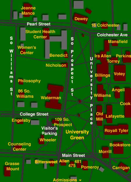 University of Vermont UVM Green area campus map