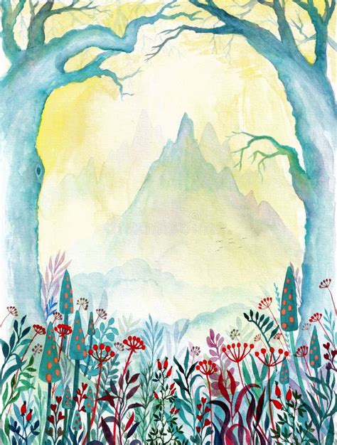 Watercolor Fantasy Landscape. Stock Illustration - Illustration of ...