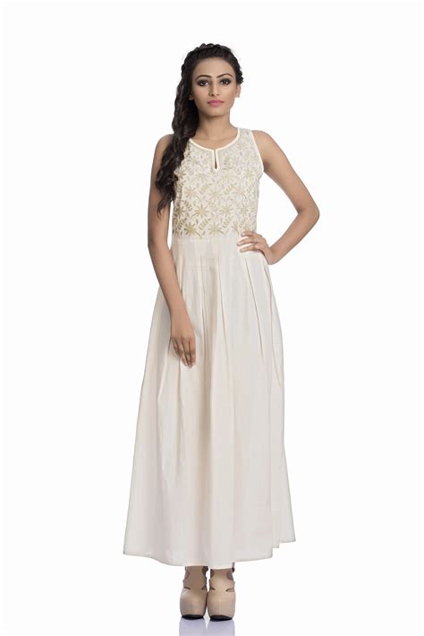 Long lucknowi chikankari maxi dress with olive green yoke chikankari ...