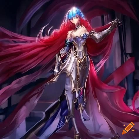 Anime style, woman, science fantasy armour/dress, red and blue split hair, long flowing hair ...