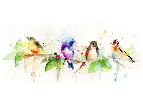 BIRDS on a Branch Painting Colorful Watercolor Print Limited - Etsy