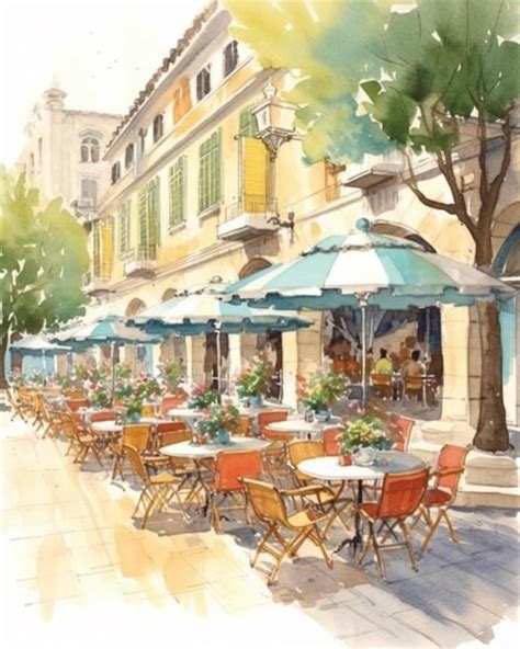 Premium Photo | Painting of a street cafe with tables and umbrellas in a city generative ai