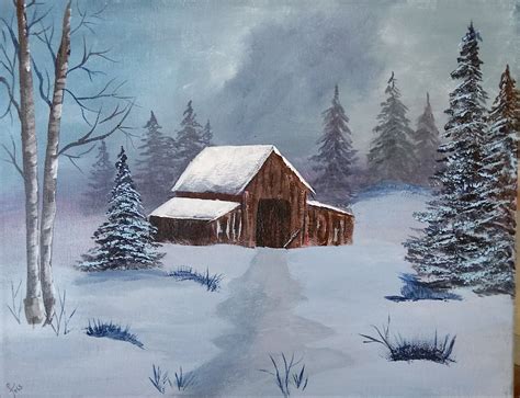 Original acrylic painting//cabin in the woods//snow | Etsy